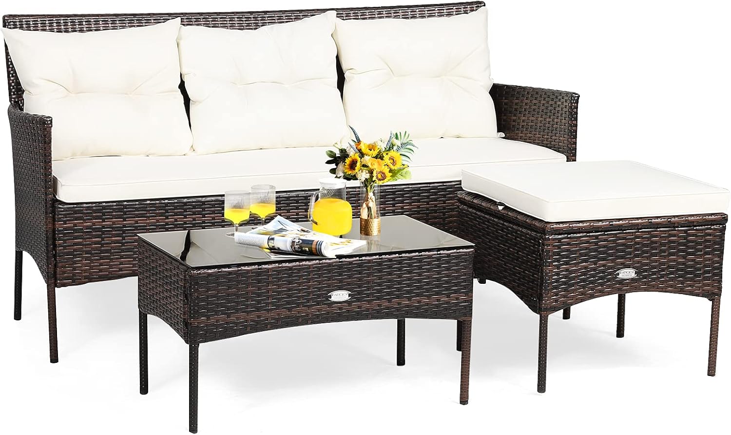 HAPPYGRILL 3PCS Outdoor Rattan Conversation Set Patio Furniture Set with Tempered Glass Coffee Table, 5 Elastic Seat & Back Cushions, Sectional Sofa Set for Poolside Balcony Backyard