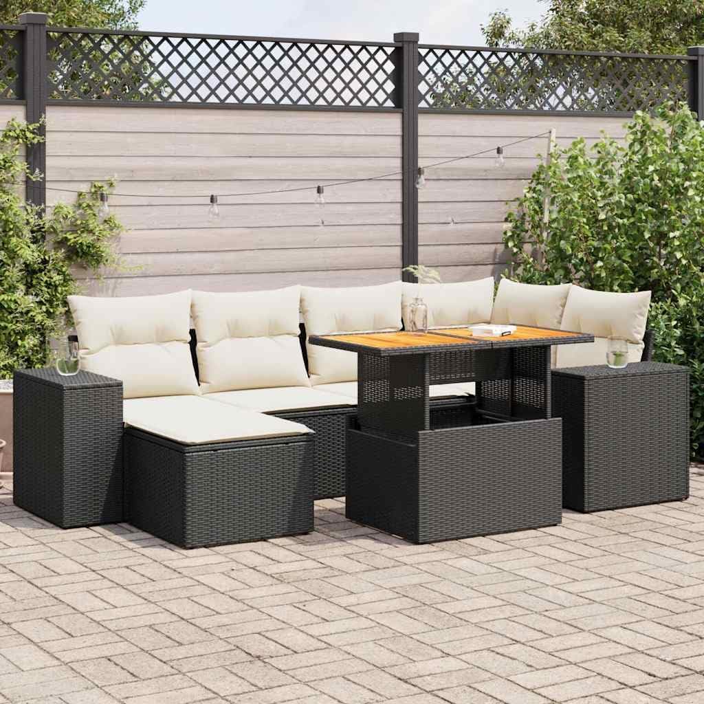 7 Piece Garden Sofa Set in Black and Cream White, Modular Outdoor Furniture with Storage, Durable PE Rattan and Steel Frame, Water-Resistant Cushions for Patio, Backyard,