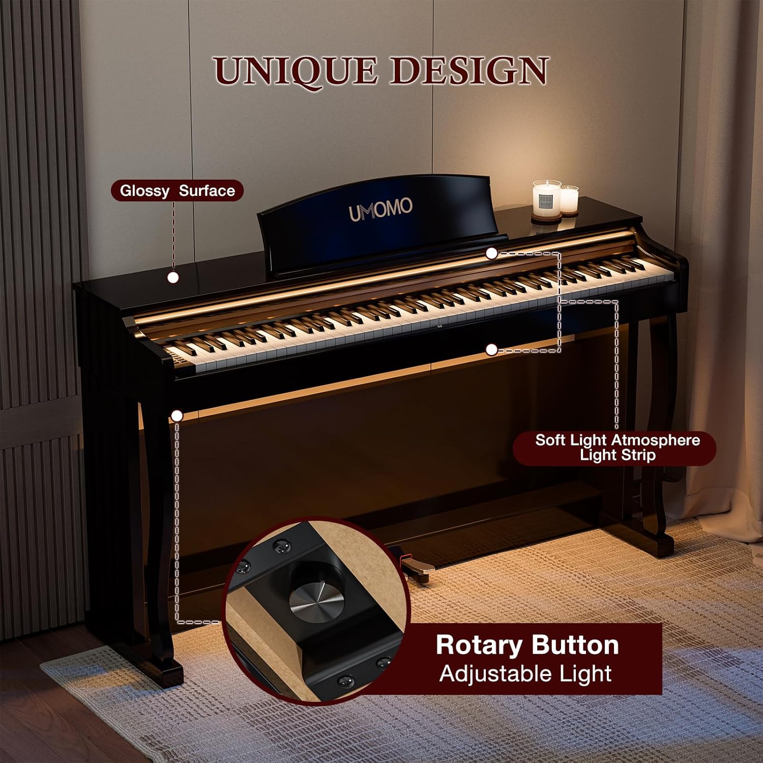 UMOMO U-732 88 Weighted Key Digital Piano with Adjustable Light, Hammer Action Electric Piano with Piano Stand, Full Size Electronic Piano Keyboard for Beginner, Adults, Glossy Black