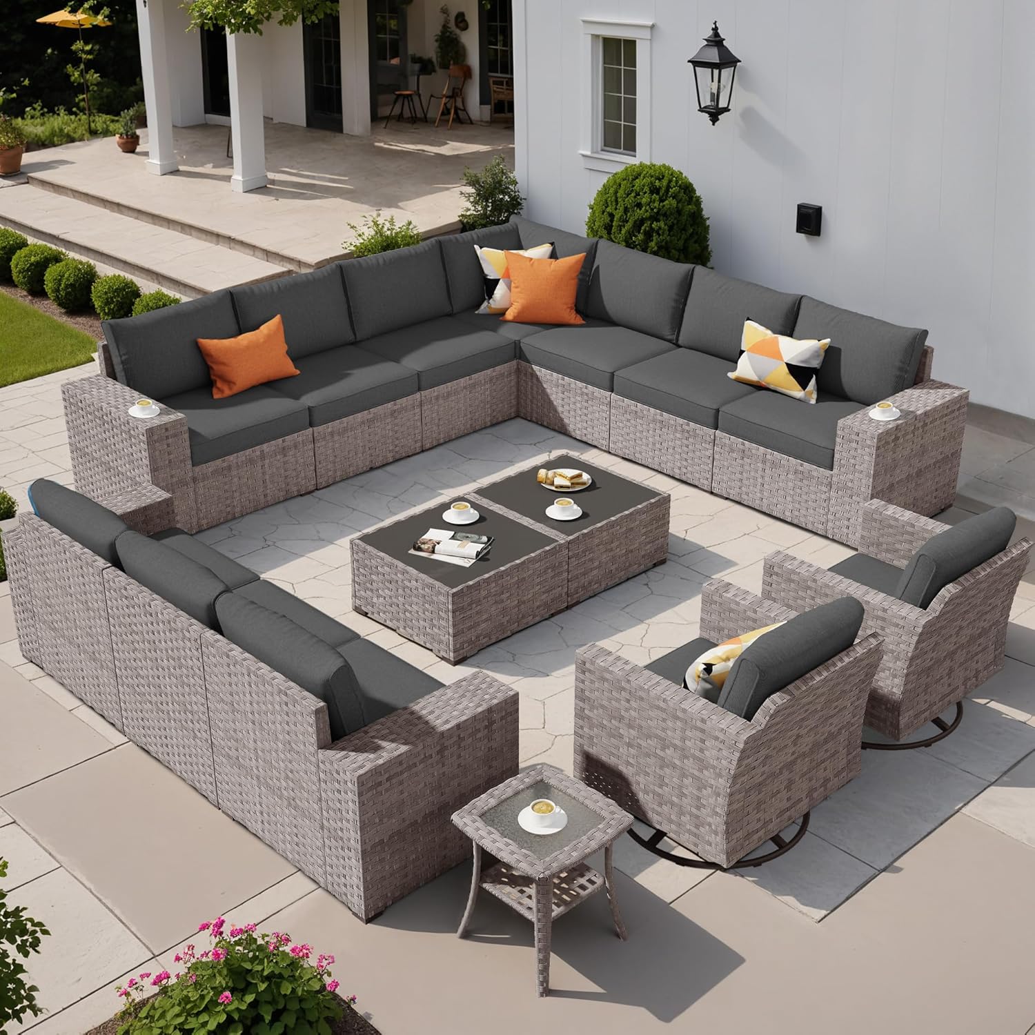 15 Pieces Widen Armrest Patio Coversation Set with Swivel Rocking Chair, Outdoor Furniture Modular Couch with Coffee Table, Rattan Wicker Sectional Sofa for Porch Balcony Backyard, Black