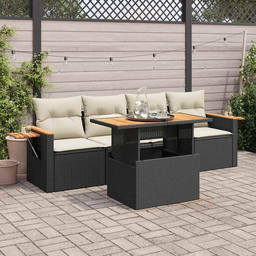 5-Piece Garden Sofa Set Black, Cream White, Synthetic Poly Rattan Outdoor Patio Furniture, Modular Design with Storage, Acacia Wood Table, Weather-Resistant