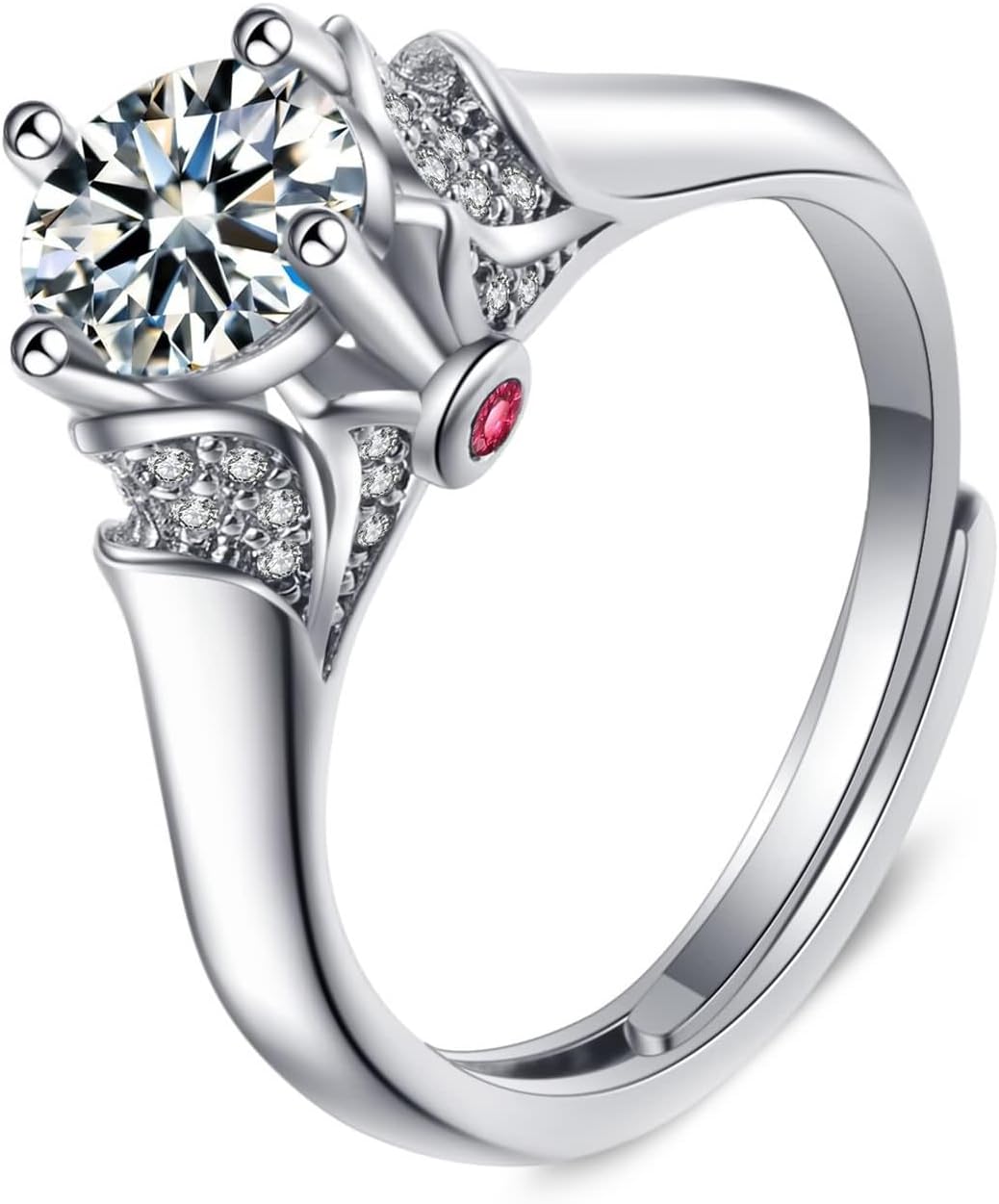 18 Karat White Gold Rings, Women's Engagement Ring Lab Diamond 4 Prongs Silver Band with Ruby for Fiancée