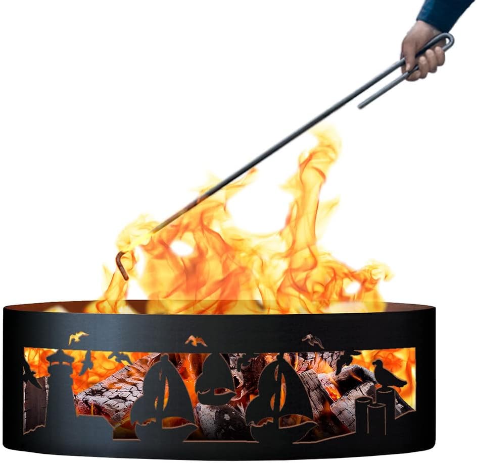 PD Metals SBFR01030-FP Sailboat Unpainted 12 in. Tall 30 in. Diameter Outdoor Fire Ring with Fire Poker - 30 x 30 x 12 in. - Rustic Black Color