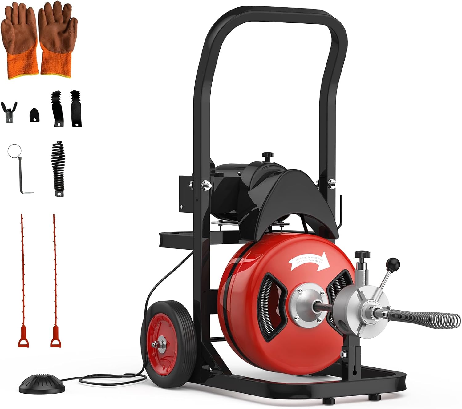 100FT Electric Drain Cleaning Machine with 1/2 Inch Cable, 450W Auto Feed Portable Sewer Snake, Air-Activated Foot Switch, 6 Interchangeable Cutters for 2