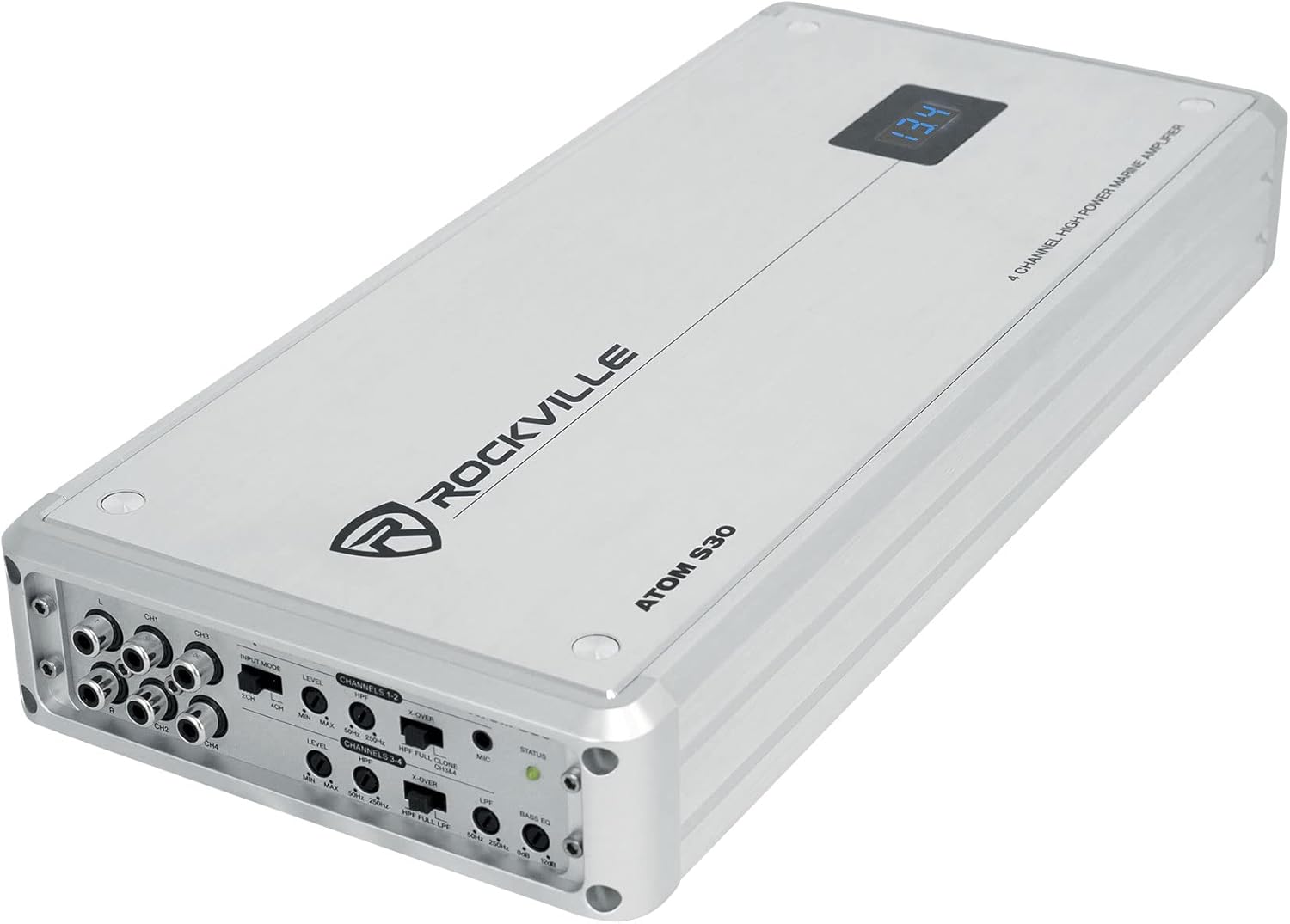 Rockville Atom S30 2400W 4-Channel Marine Amplifier 2/4 Ohm, Voltmeter, PA Mic, for Boats and Marine Audio Systems