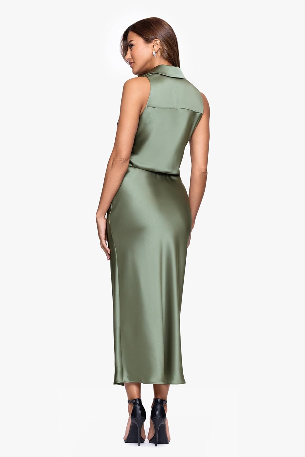 Betsy & Adam Womens Midi Satin Collared Top Dress