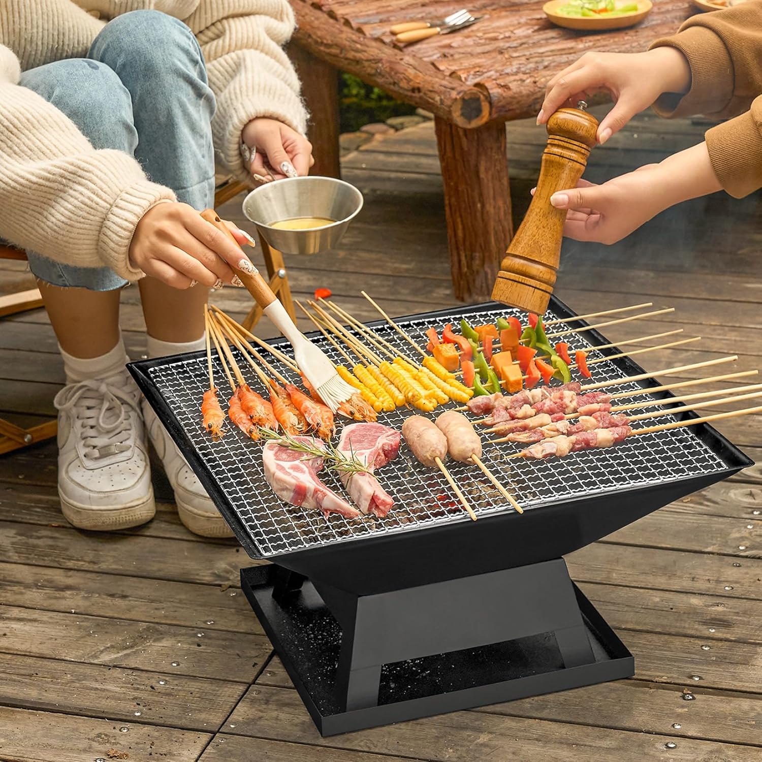 Cast Iron Outdoor Fire Pit with Burning Grid/Ash Catchers/Flower Grid Lid/Fire Hook/Grid Starter for Warmth,Barbecues,Parties,Patio,46.5 x 37cm (B)