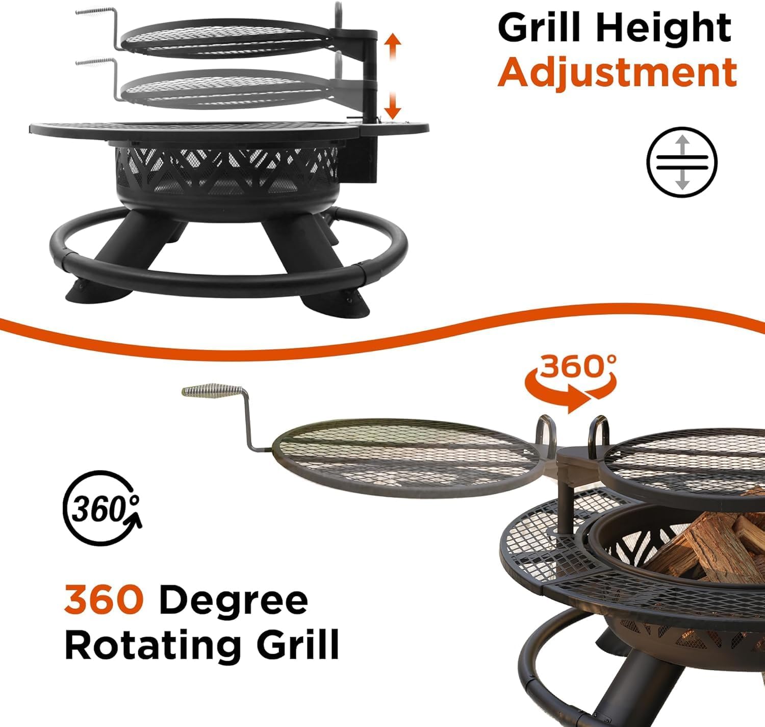 47 Inch Fire Pit for Outside, Wood Burning Firepit with BBQ Grill, Outdoor Metal Fire Pits, Heavy Duty Large Firepits for Backyard, Bonfire, Patio, Party, Picnic, Family Gathering