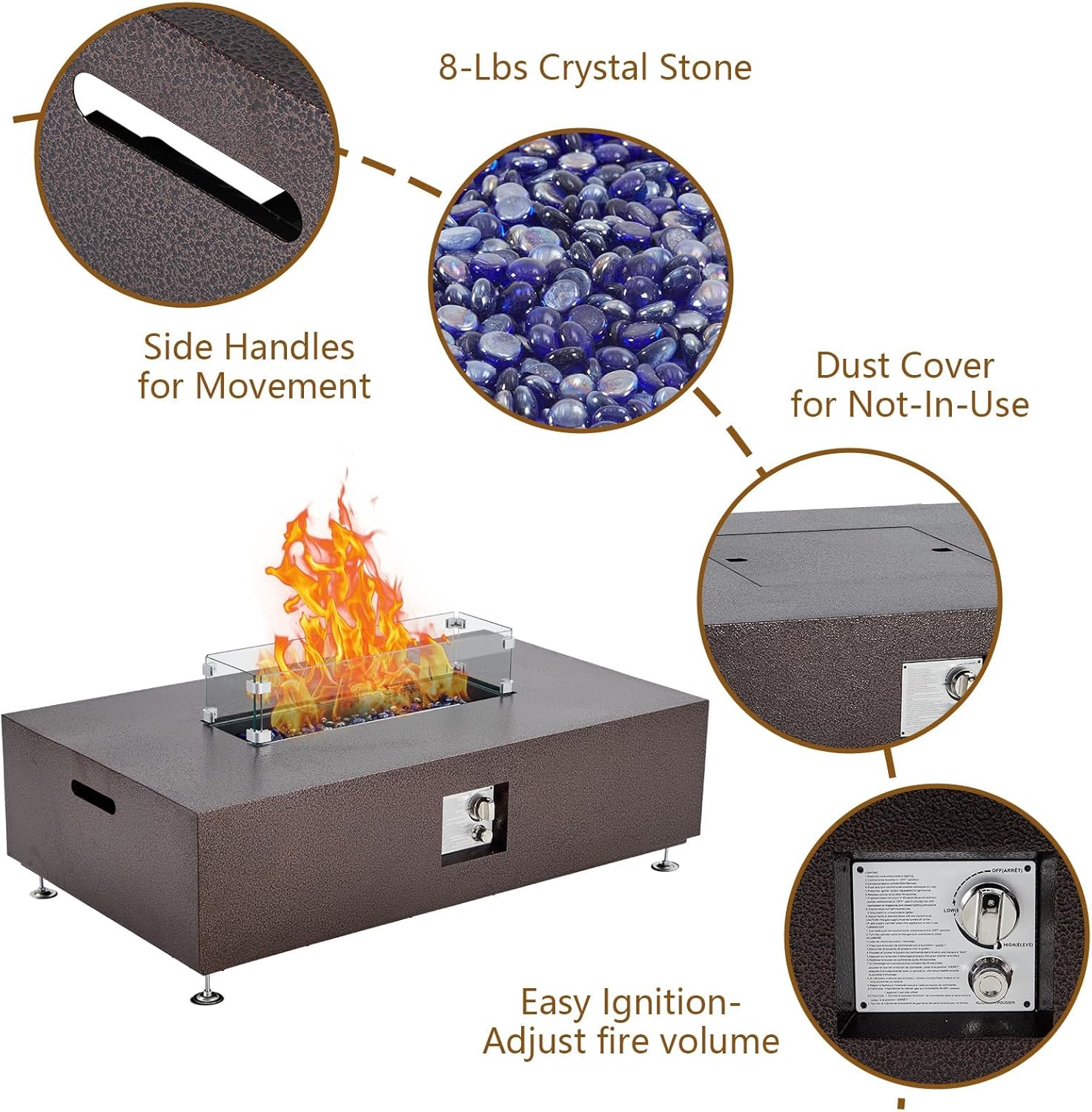 48 Inch Outdoor Propane Fire Pit Table with Piezo Ignition Dual Function Design Bronze Gold Finish for Patio Deck Garden Seating 6-8