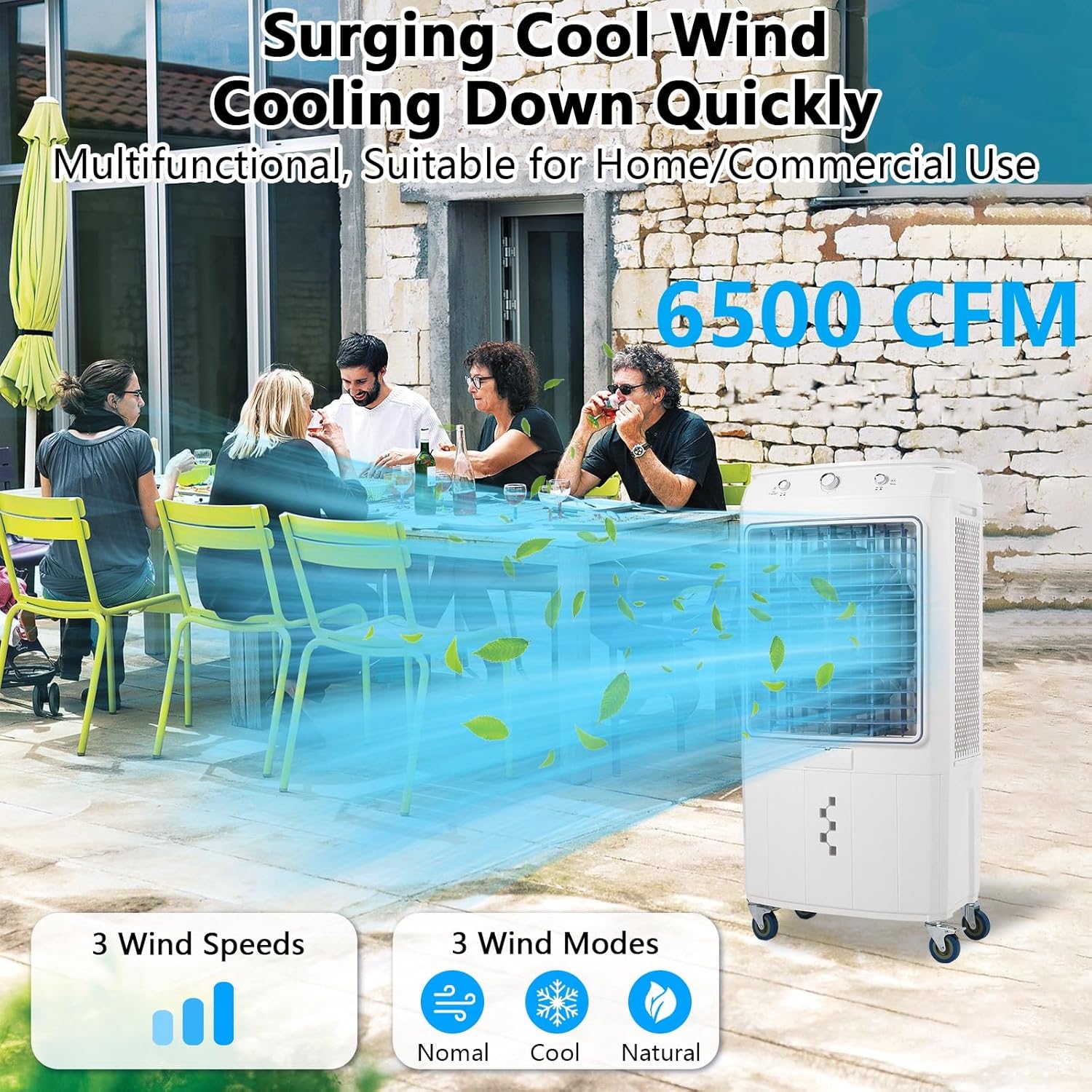 6500 CFM Evaporative Air Cooler, 15.8 Gallon Swamp Cooler with 4 Ice Packs, 3 Wind Speeds and Modes, 3-in-1 Swamp Cooler Air Conditioner, Portable Air Cooler Fan for Indoor Garage Outdoor Patio