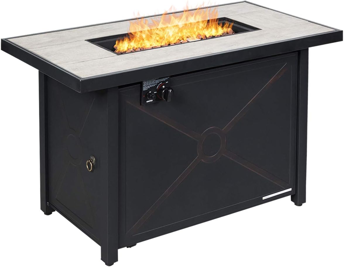 42-Inch Fire Table Outdoor, 60,000 BTU Propane Gas Fire Pit Table with Ceramic Tiles Tabletop, Lid, Lava Rock, Electric Igniter & Hideaway Tank Holder, Fire Pit for Outside, Garden(Black)