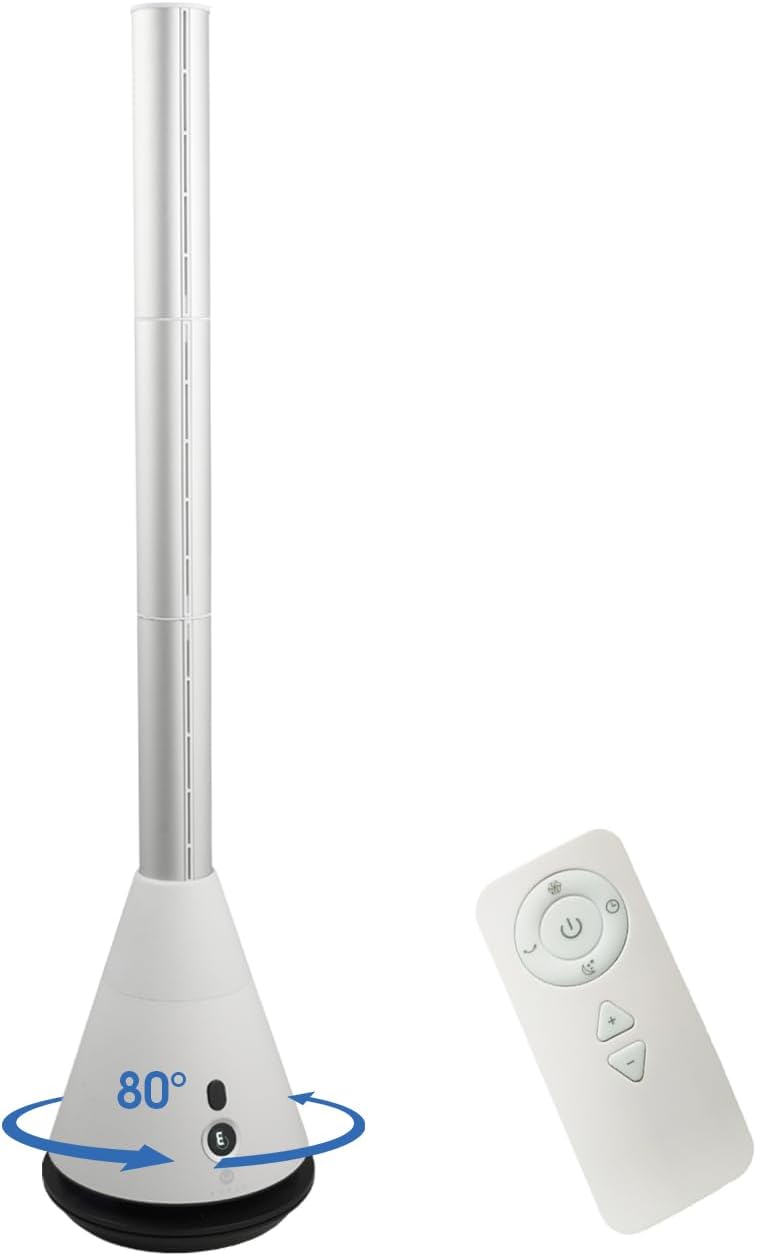 Bladeless Tower Fan with 9 Speeds, 80° Wide Oscillating Cooling Fan, Electric Standing Floor Fan with 8H Timer, Space-Saving Design for Bedroom Office