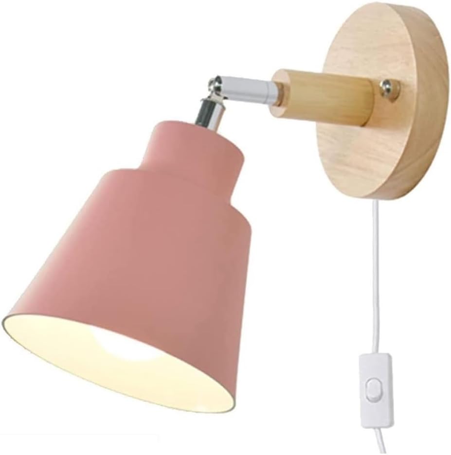 Nordic Minimalist Rotation Wall Lamp Wood Metal Plug in Wall Sconces W/ Switch Wall Mounted Lighting Fixture for Kids Bedroom Bedside Reading Living Room Corridor Hotel ( Color : Pink , Size : 12cm*15