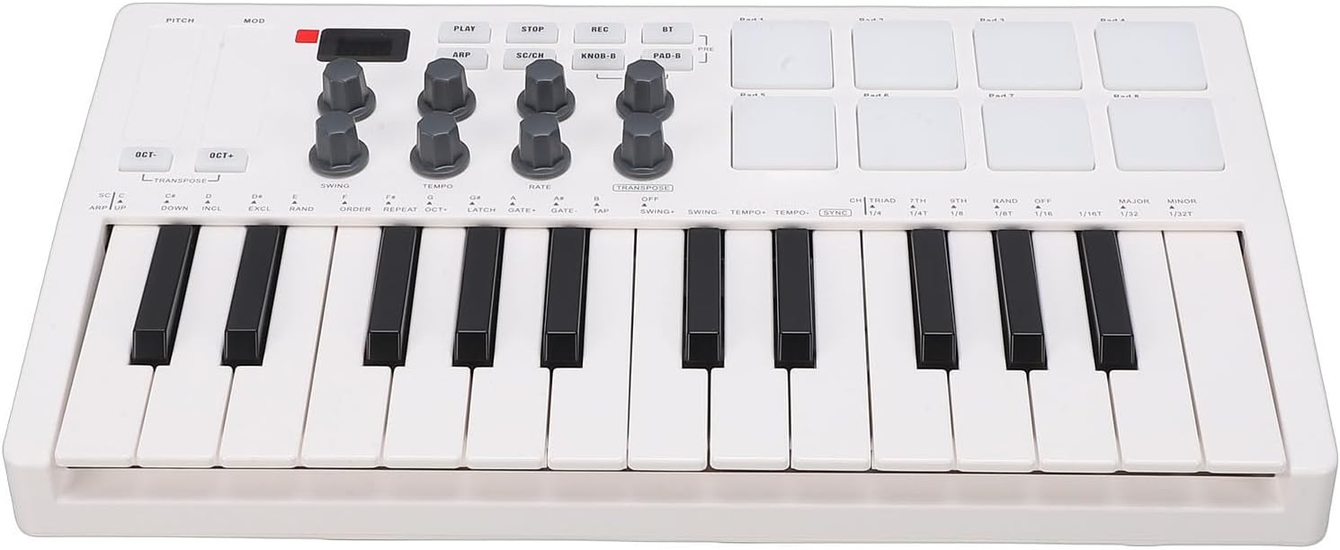 Asixxsix MIDI Keyboard Controller 25 Keys, Wireless Bluetooth Mini Portable Beat Maker Machine with 8 Backlit Drum Pads 8 Knobs 2 Capacitive Touch Strips for Music Production