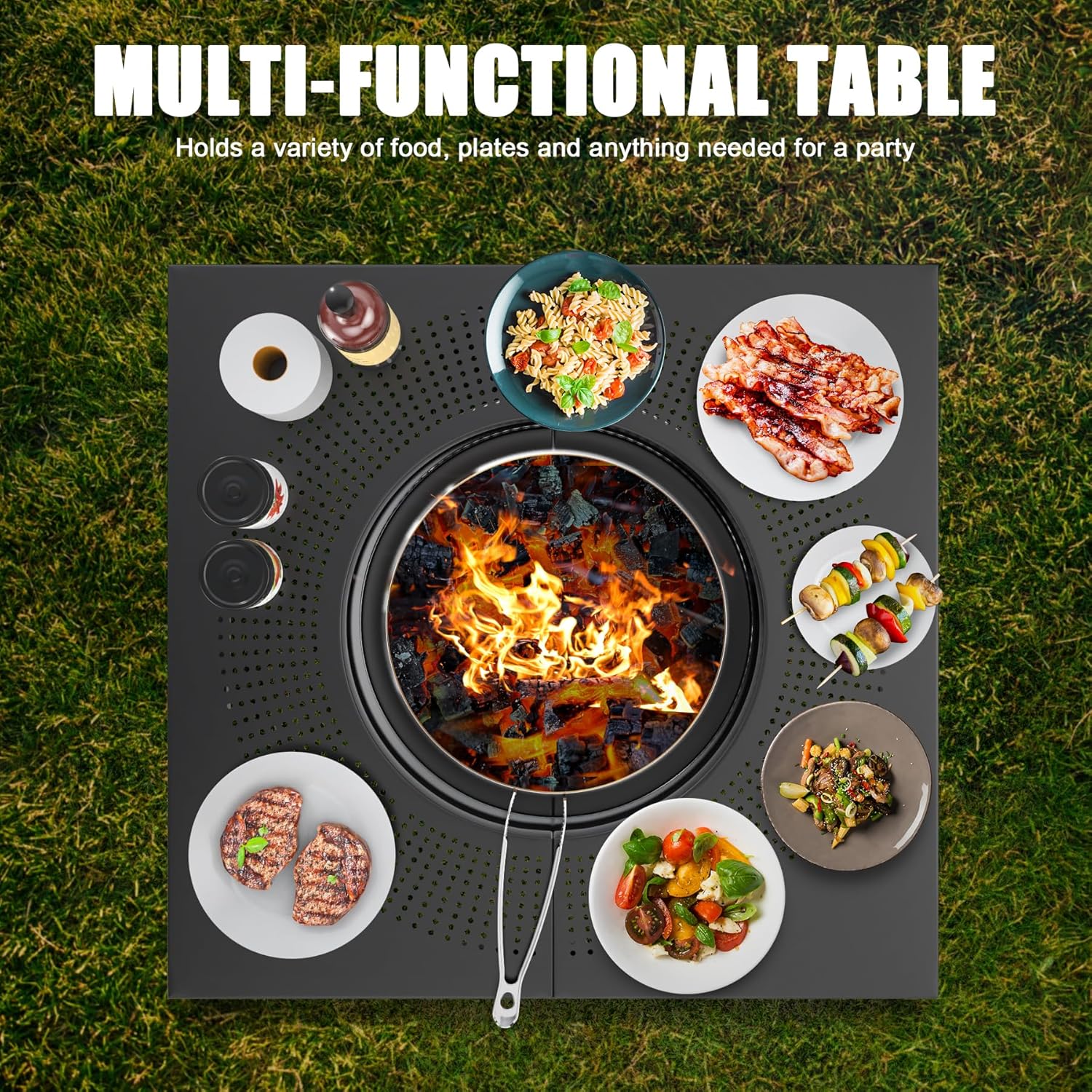 KEESHA Fire Pit Surround Tabletop for Solo Stove Yukon, Bonfire and More, Outdoor Powder-Coated Square Fire Pit Table with Dust Cover, 45 Inch