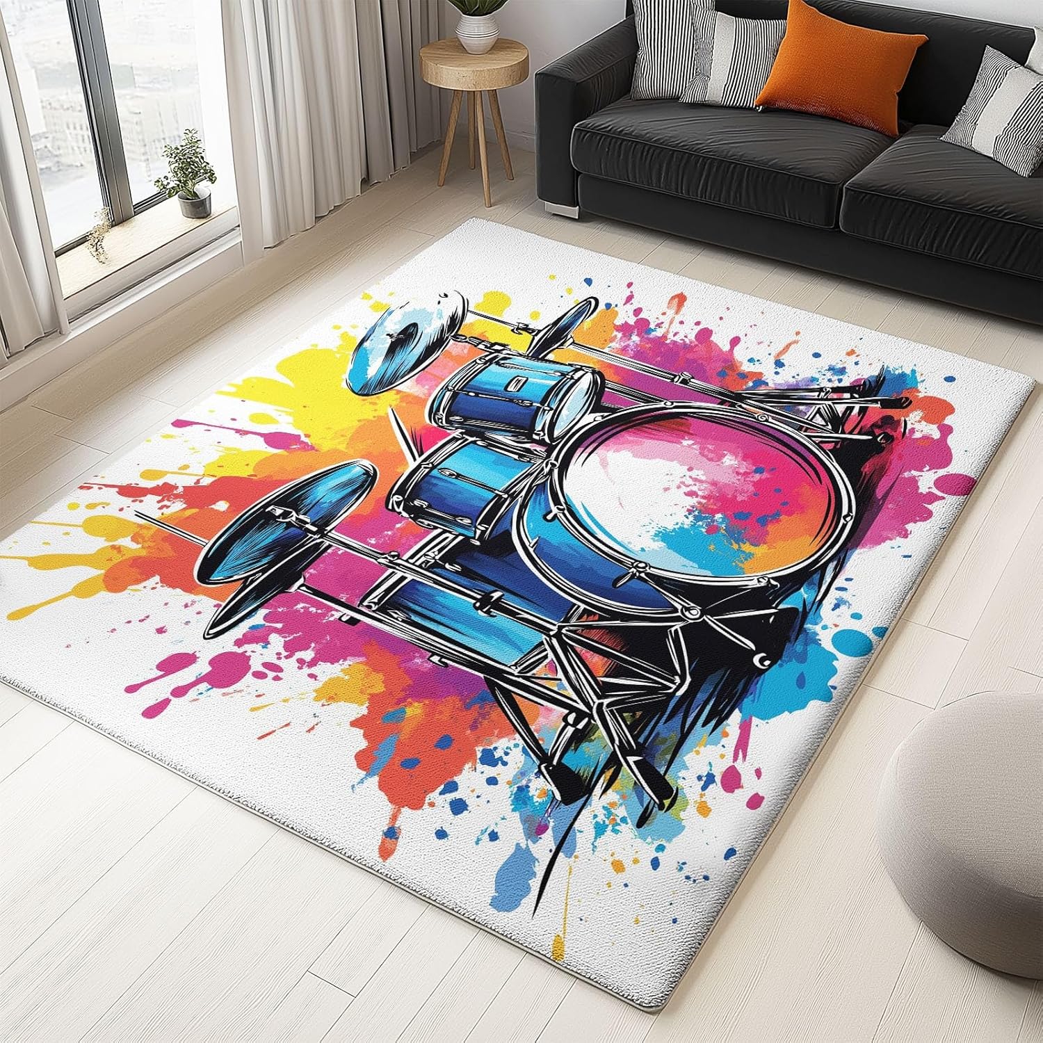 Music Drum Set Area Rug for Living Room, 8 X 10 Ft Machine Washable Area Rug Non-Slip Stain Resistant Carpet, Low-Pile Indoor Floor Carpet for Bedroom Office Dining Home Decor, Graffiti