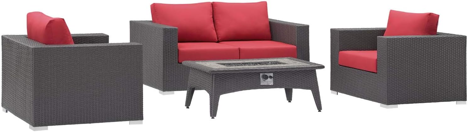 Modway Convene Wicker Rattan 4-pc Outdoor Patio Sectional Set with Fire Pit in Espresso Red