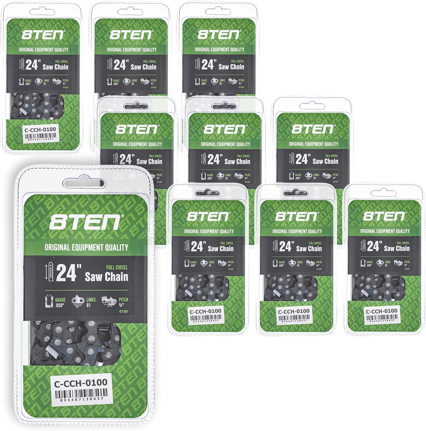 8TEN Full Chisel Chainsaw Chain 24 Inch .050 3/8 81DL For Echo CS-600P Jonsered 2260 Craftsman Pro-55 (10 Pack)