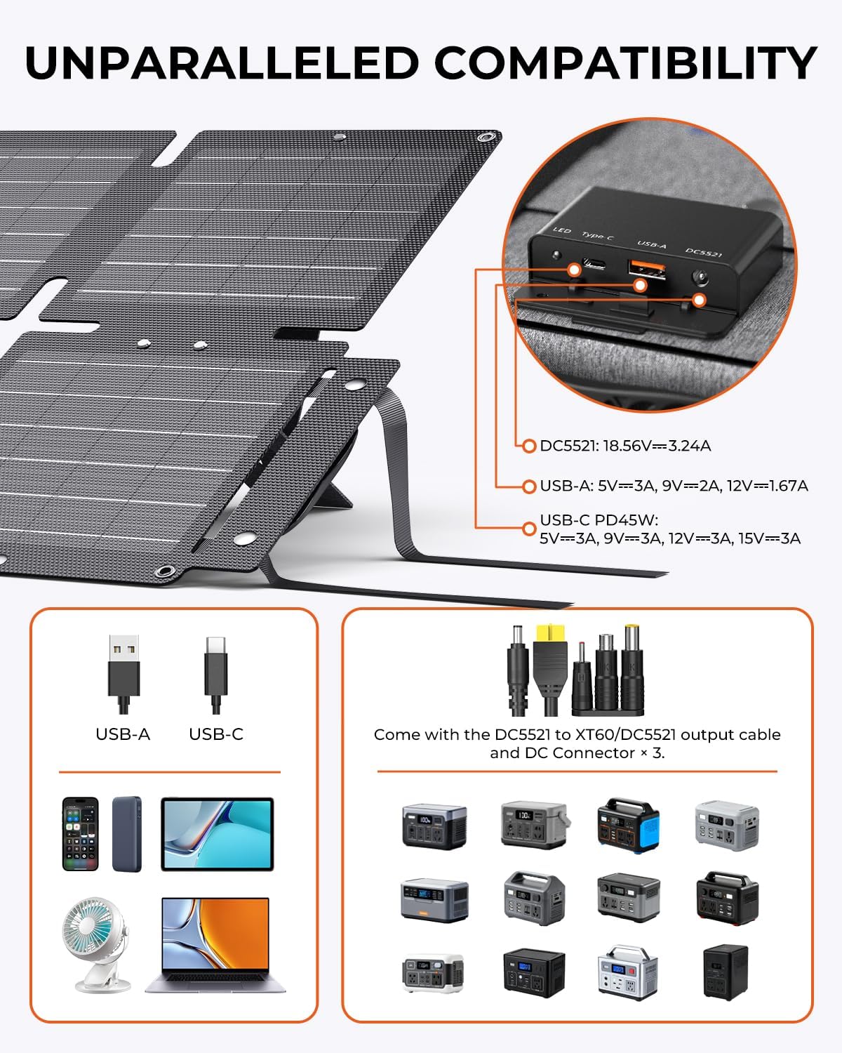 BigBlue 60W Portable Compact Solar Panel with PD 45W USB-C, 20W USB-A, DC Ports for Power Stations, Cellphones, Power Banks, Tablets, IP68 Waterproof, Foldable Camping Solar Charger with Kickstand