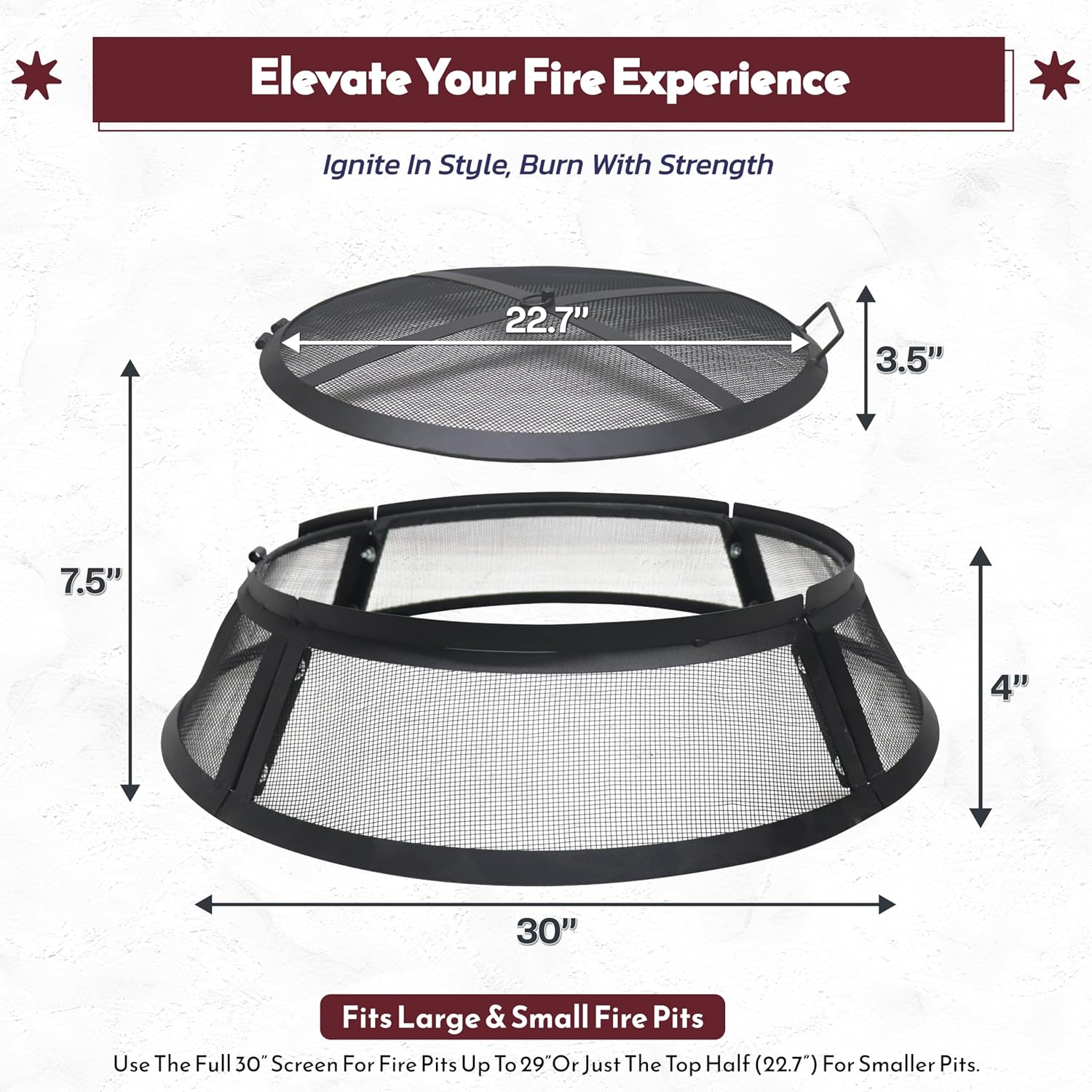 Febtech- Fire Pit Screen 30 inch Round - Heavy Duty Ember Arrester Fire Pit Spark Screen Steel Mesh Cover - FirePit Spark Screen Round with Hook for Outdoor Ring Cover & FirePit Insert