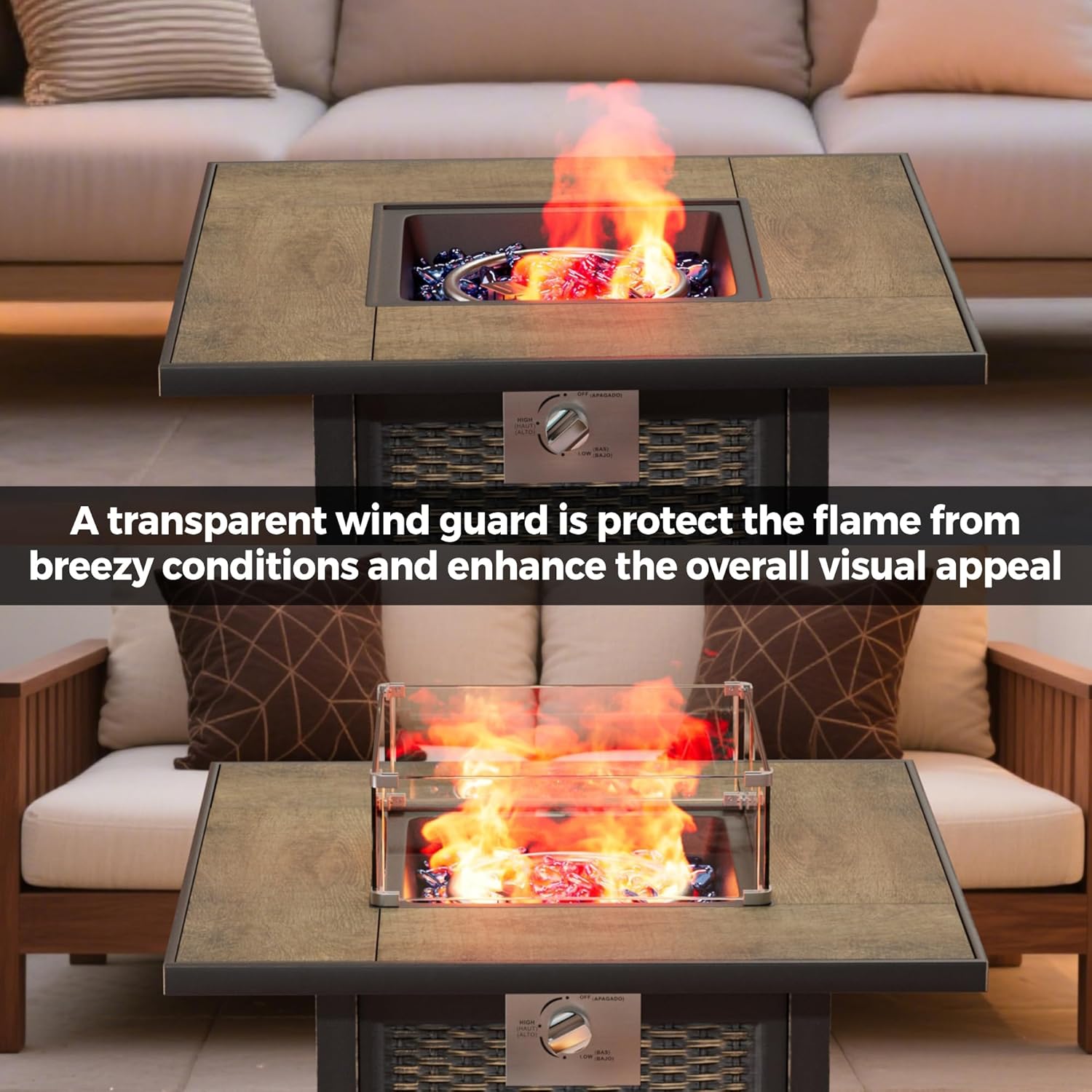 30 Inch Square Outdoor Fire Pit Table with 50,000 BTU Output, Premium Gas Fire Pit Tables for Outside Patio, Propane Fire Pit with Windshield, Glass Stones, Waterproof Cover (Gold Black, 30 inch)