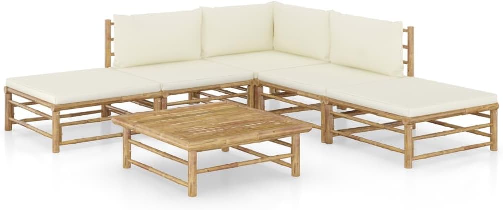 6 Piece Patio Lounge Set with Cream White Cushions Bamboo,Premium Bamboo Patio Lounge Set: Modular, Washable, and WeatherResistant Patio Furniture Sets, Outdoor Furniture Sets