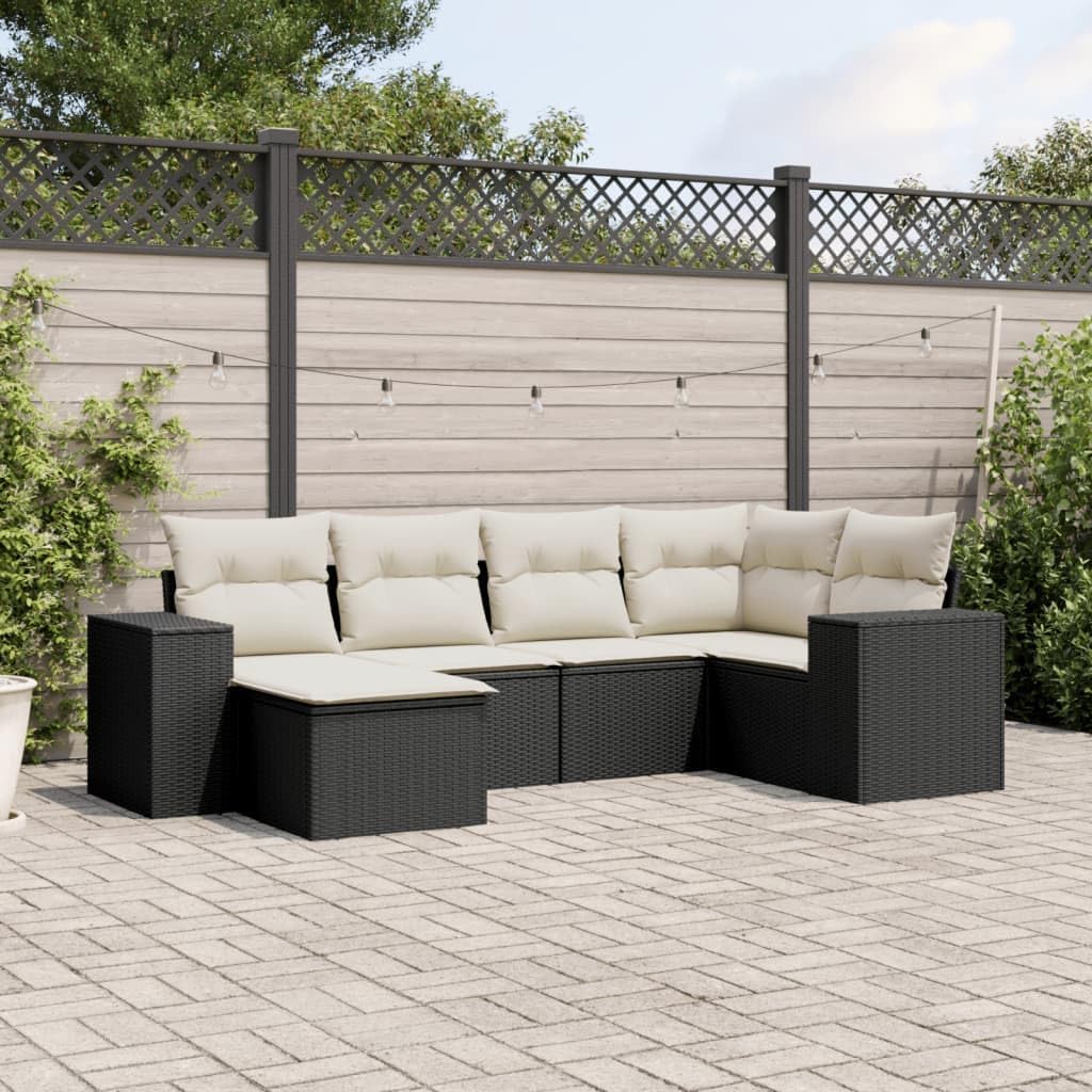 6-Piece Black PE Rattan Garden Sofa, Modular Outdoor Patio Furniture with Adjustable Feet, UV-Resistant, Weatherproof, Comfortable Cushions & Storage for Deck, Terrace