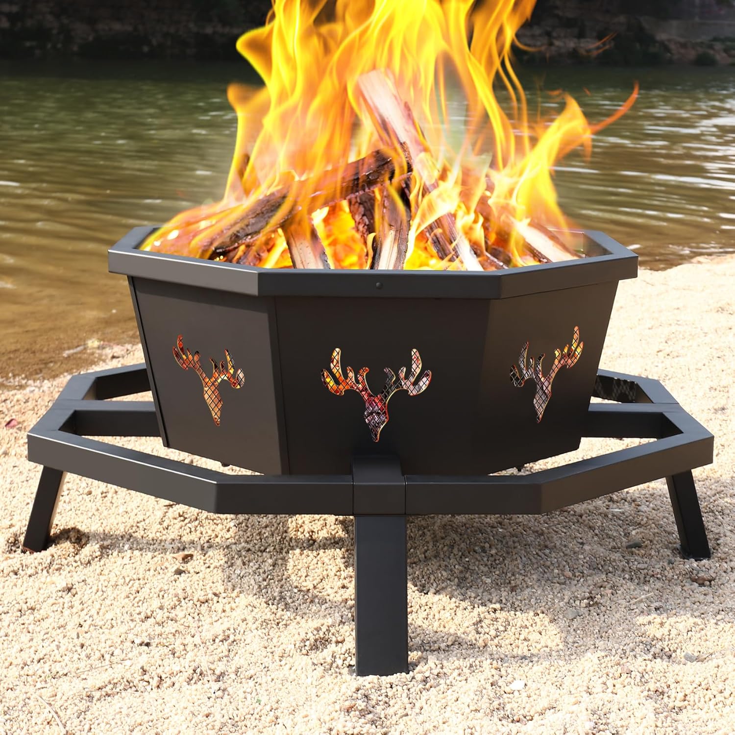 BOINN 35 Inch Octagonal Outdoor Fire Pit,Fire Pits for Outside Wood Burning Fire Pit,Firepit,Firepits for Outside,Camping,Backyard,Patio,Bonfire,Garden,Porch,Black