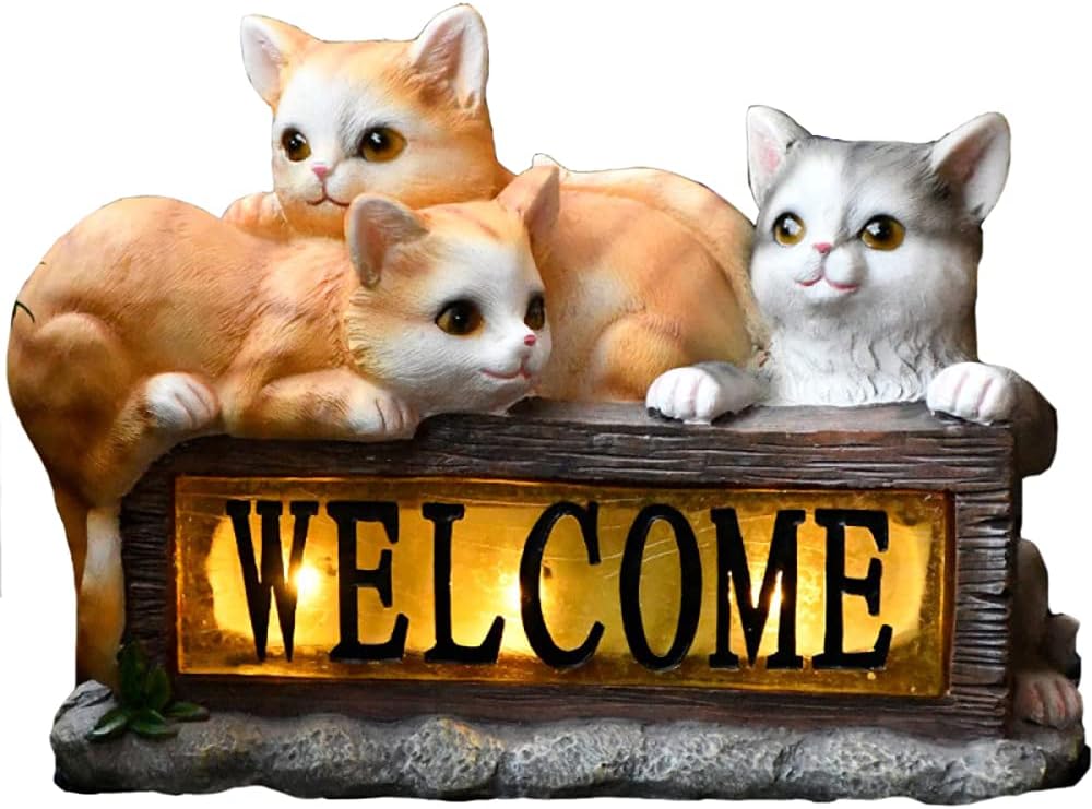 Garden Solar Cat Statue,Resin Cat Figurine Featuring with Light-Up Welcome Sign,Animal Solar-Powered Lamp Waterproof,for Walkway Landscape Lighting Decoration