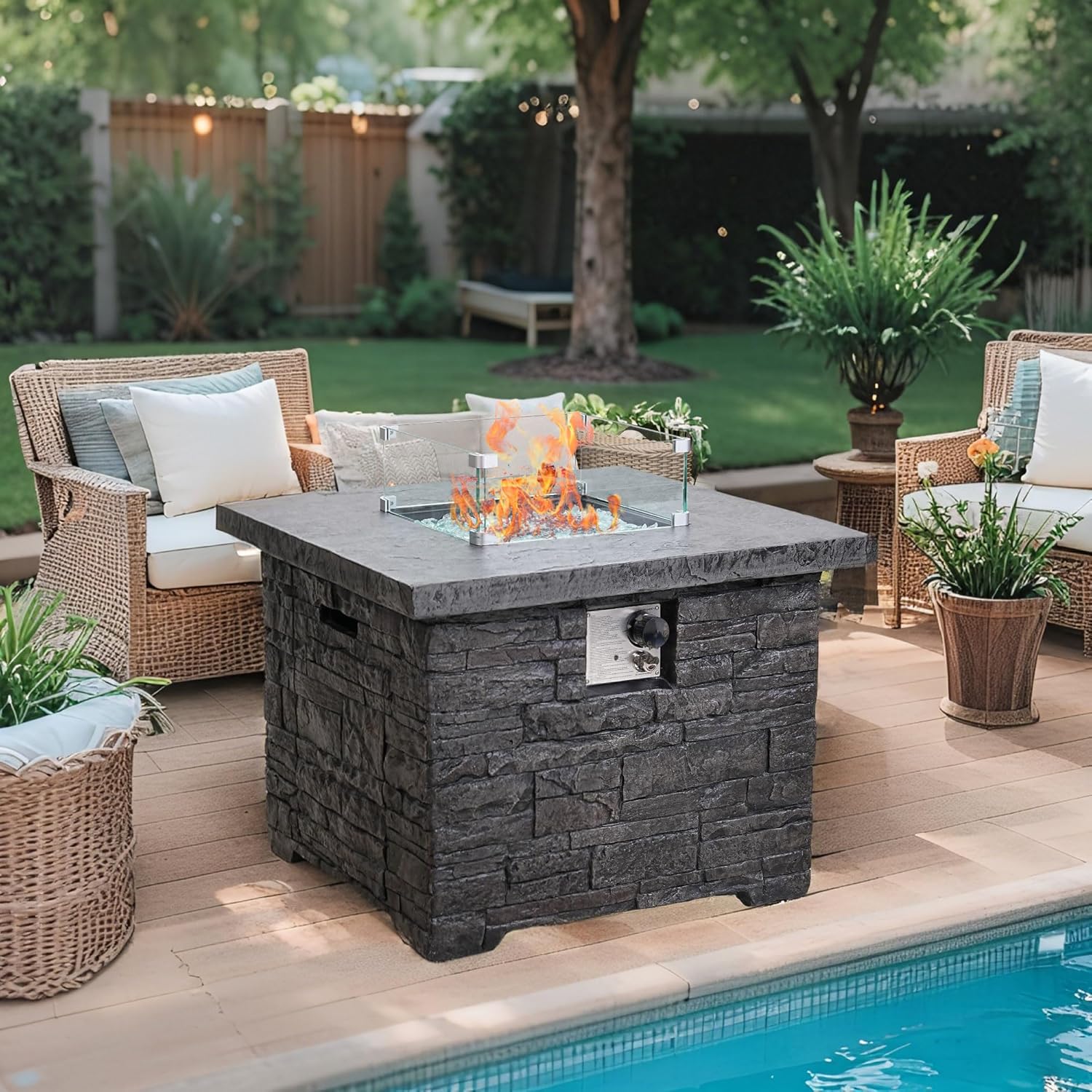 4-Piece Propane Fire Pit Table Set w Glass Wind Guard & Fire Glass Beads & Rain Cover, 35-Inch Square Outdoor Gas Fire Table 50,000 BTU for Patio, Black Terrazzo with Slate-Stone Look