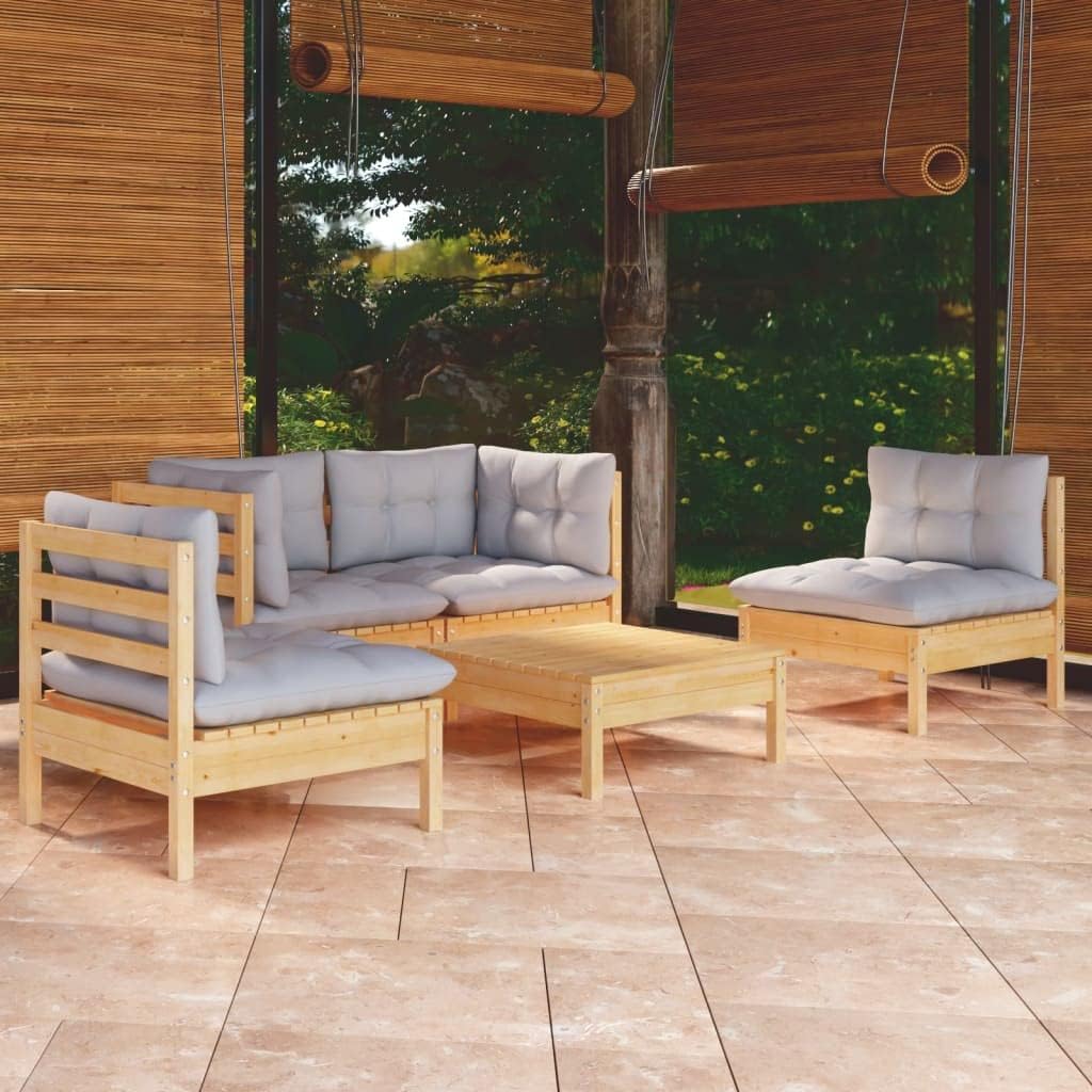 5 Piece Patio Lounge Set with Gray Cushions Solid Pinewood,Cozy Patio Lounge Set: for Relaxation, Conversation, and Napping Patio Furniture, Outdoor Furniture Sets
