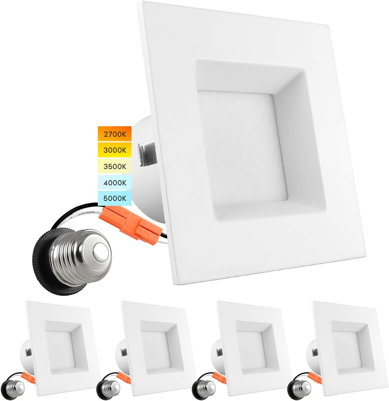 LUXRITE 4 Inch Square Recessed LED Can Lights, CCT Color Temperature Selectable 2700K | 3000K | 3500K | 4000K | 5000K, Dimmable Recessed Lights, 750 Lumens, CRI 90, Energy Star, Wet Rated (4 Pack)