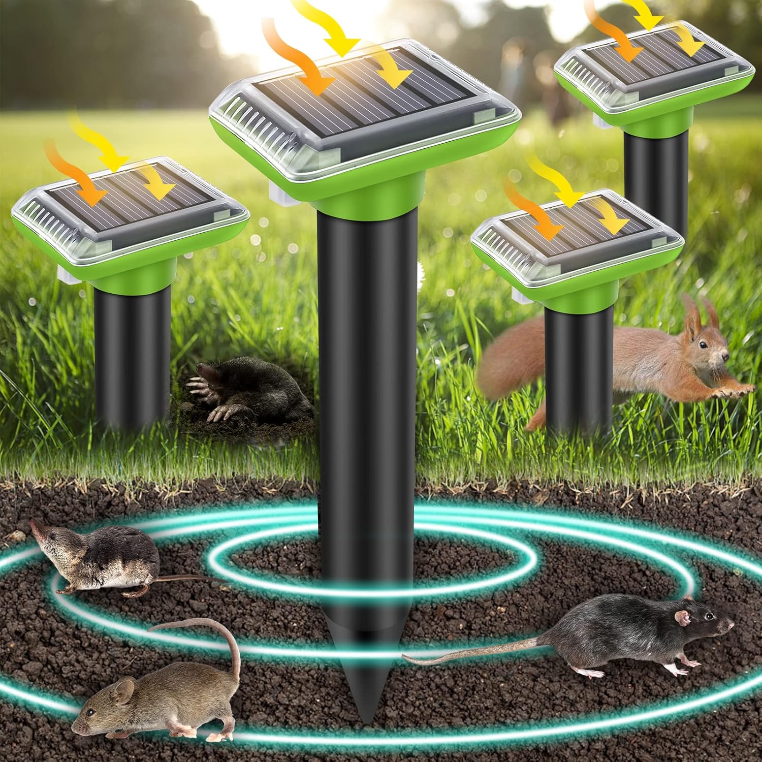 Solar Mole Repellent, Ultrasonic Gopher Repeller Outdoor, Solar Powered Waterproof Snake Repellent Deterrent Gopher Vole Snake Pest and Other Rodent Animals from Lawn Garden Yard Home(4 Packs), Green