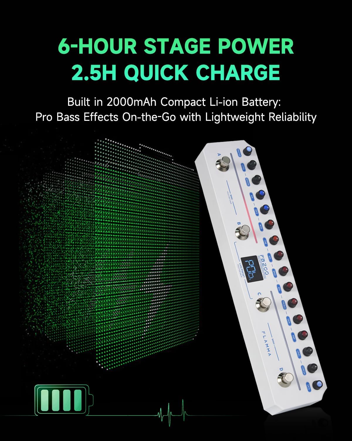 FLAMMA FB200 Bass Multi-Effects Pedal Intelligent Processor with 10 Bass-specific AMP models 10 CAB Sim 9 IR Slots 40 Drum Rhythm 40 Presets 5 Mod 5 Reverb Tuner APP Control Headphone Output