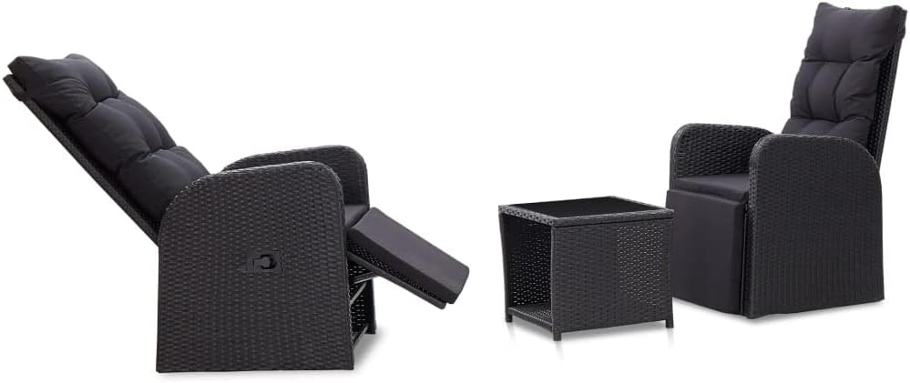 3 Piece Bistro Set with Cushions Poly Rattan Black,Poly Rattan Bistro Set with Reclining Armchairs for Patio, Garden, and Balcony Outdoor Furniture Sets, Patio Furniture