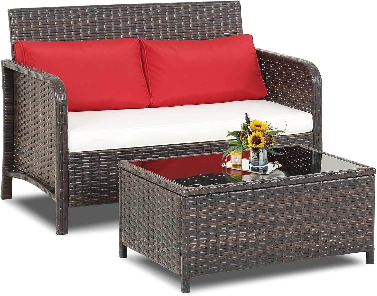 HAPPYGRILL 2 Pieces Wicker Patio Furniture Set, Outdoor Rattan Loveseat & Coffee Table with Tempered Glass Tabletop & Cushions, Outdoor Conversation Set for Garden Backyard Porch Poolside