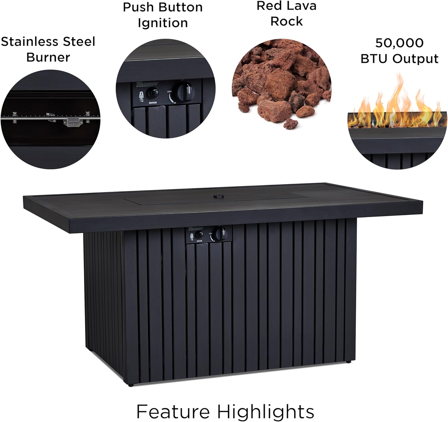 Real Flame Calvin 52in Rectangle Propane Fire Pit Table, 50,000 BTU, Hidden Tank Storage, Aluminum, Push-Button Ignition, CSA Certified, Lava Rock, Storage Cover, Stainless Steel Burner with Lid