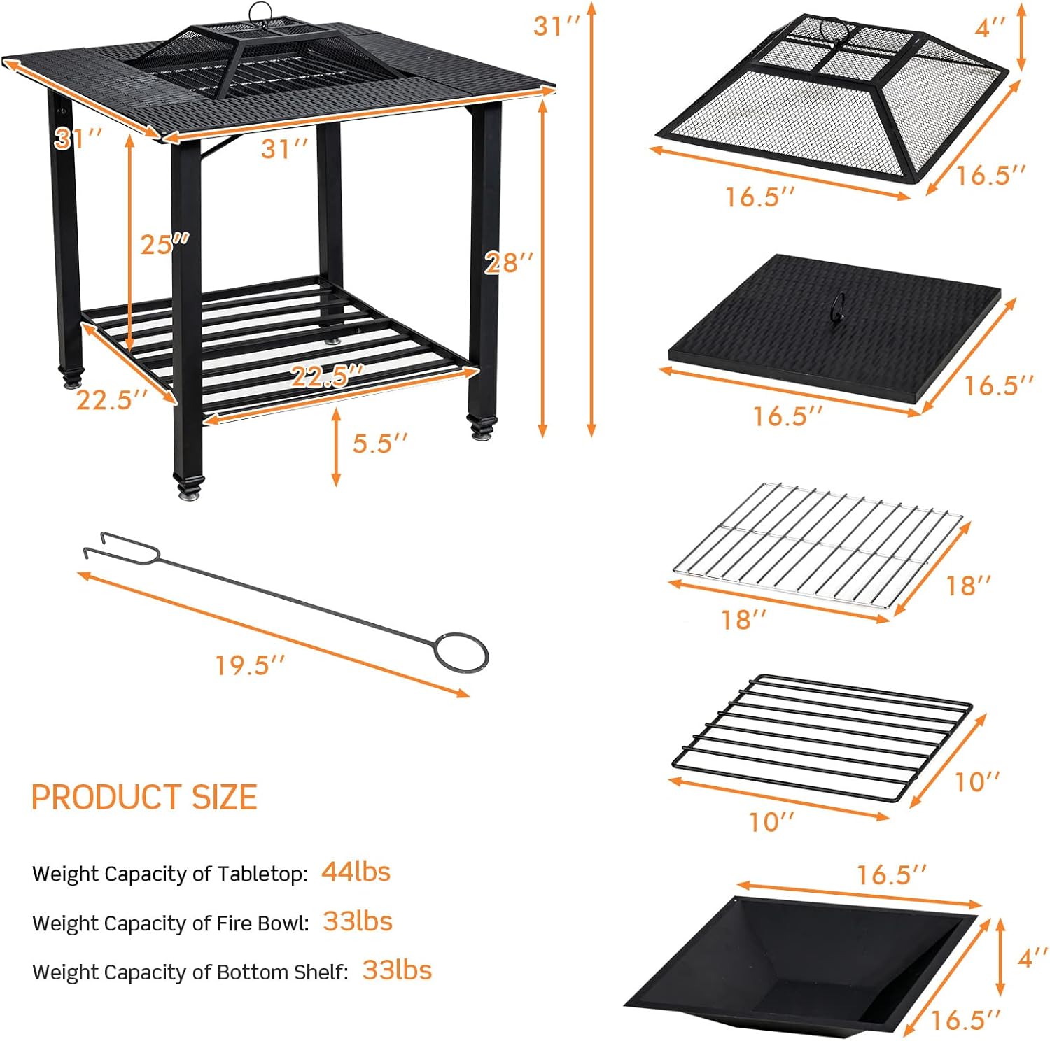 Tangkula 4 in 1 Outdoor Fire Pit, Heavy Duty Metal Square Wood Burning Fire Pit with Spark Screen Cover, Removable Lid, Cooking Grate, Log Grate and Fire Poker, BBQ Garden Fireplace for Heating