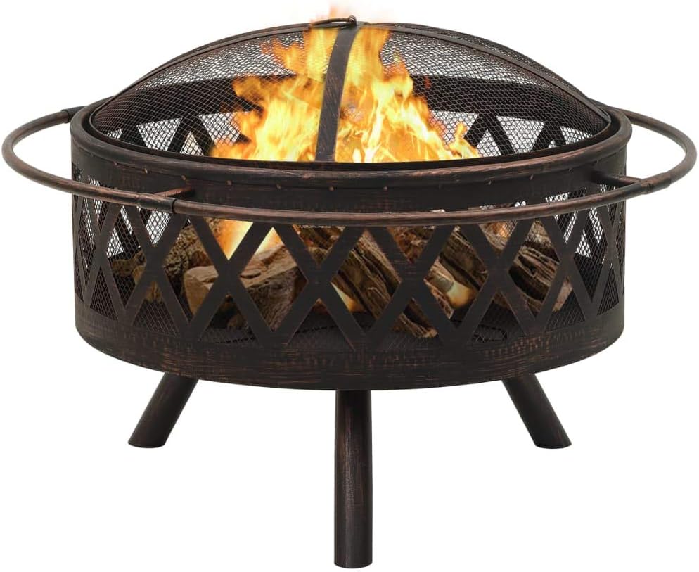 Steel Rustic Style Fire Pit with Metal Poker and Mesh Cover, Absorbing and Radiating Heat Outdoor Fire Pit Round Fireplace for Garden Patio 29.9