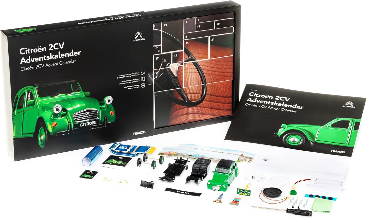 FRANZIS 55154 Citroen 2CV Advent Calendar Green Metal Model Kit in Scale 1:32 Includes Sound Module and 50 Page Accompaniment Book