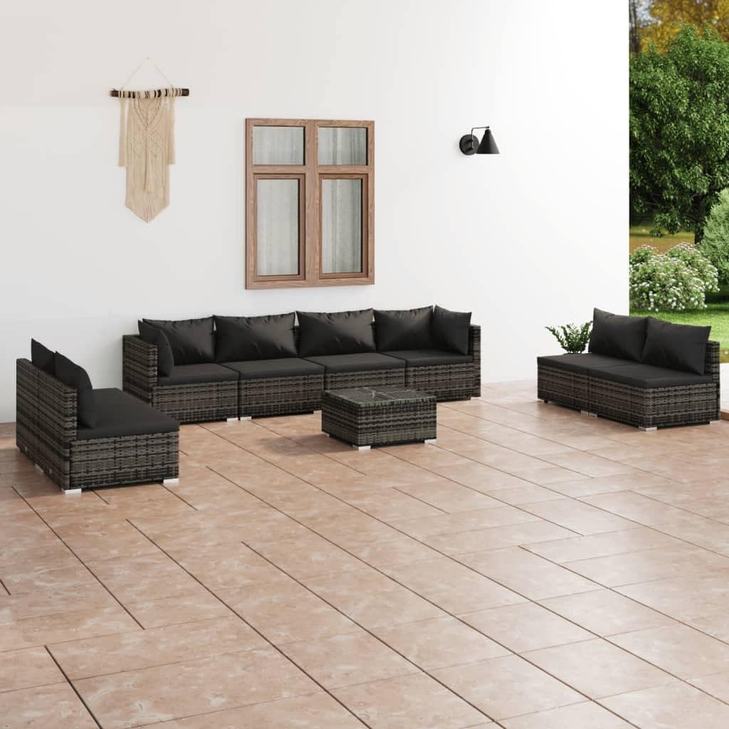 Furniture Sets 9 Piece Patio Lounge Set with Cushions Poly Rattan Gray,Premium Modular Patio Lounge Set: WeatherResistant Comfort and Style for Your Outdoor Oasis Garden Conversation Sets