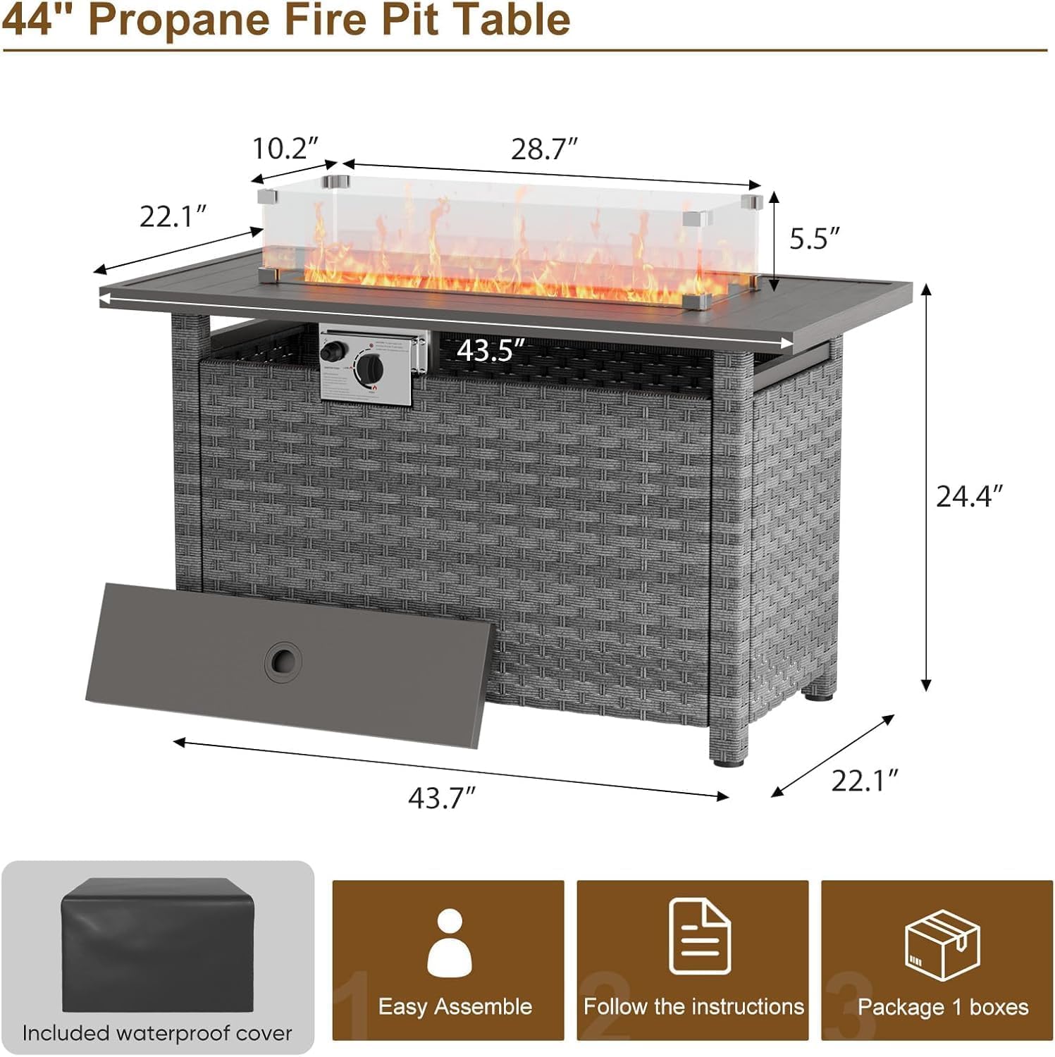 Restland 44” Propane Fire Pit Table 60000 BTU Rectangle Outdoor Fire Pit Table with Wind Guard & Waterproof Cover CSA-Certified Rattan Gas Firepit for Patio, Party, Backyard