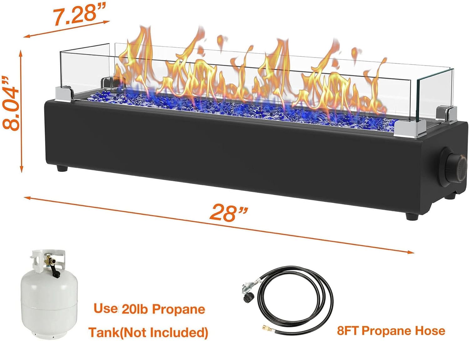 28-inch Table Top Propane Fire Pit, 40,000 BTU Tabletop Firepit for Patio, Outdoor Portable Rectangular Fire Bowl w/Wind Glass Shield, Glass Rocks - Black