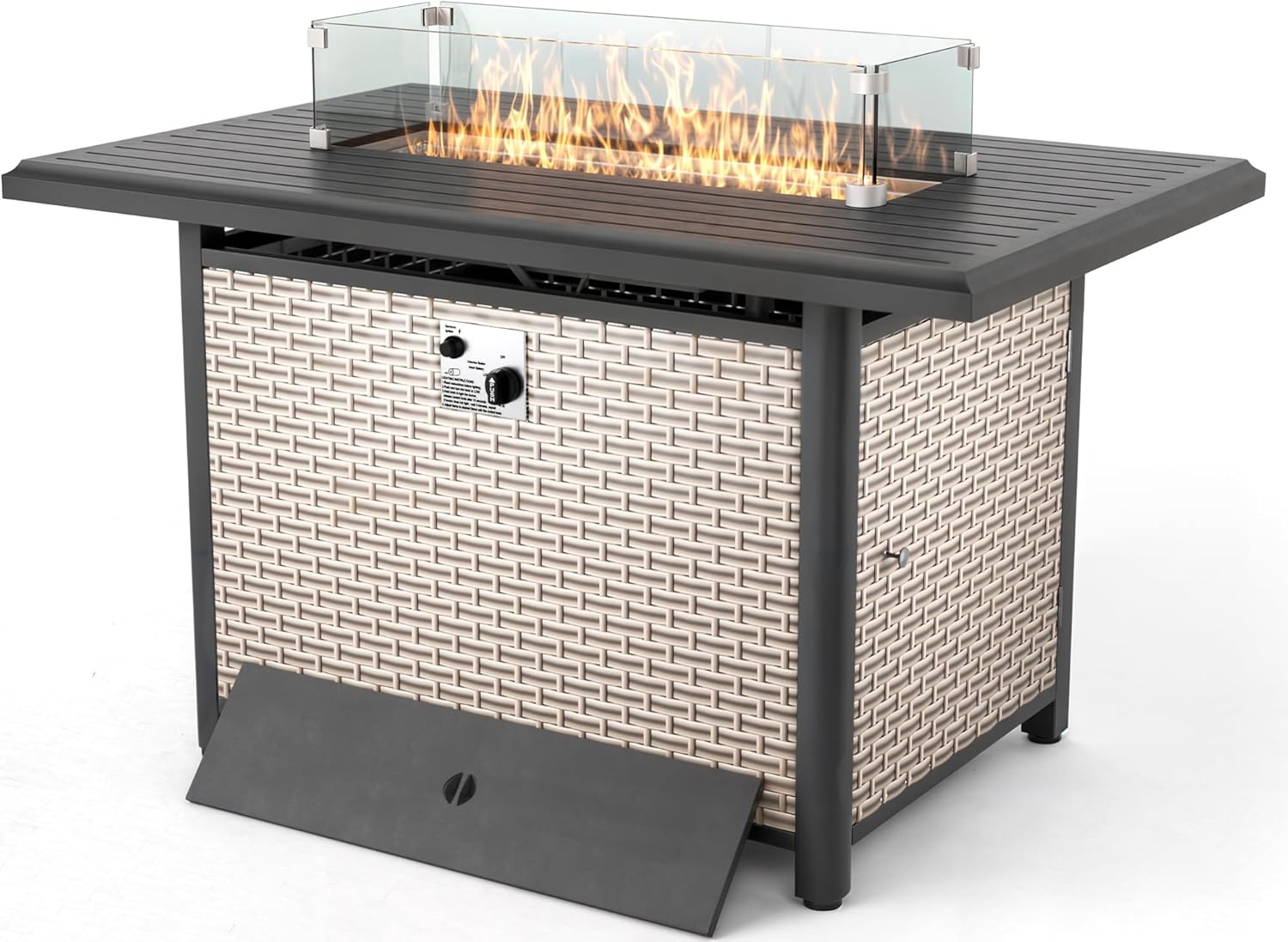 Rattan Fire Pit Table,40.5-inch Rectangle Grey Outdoor Companion,60000 BTU Auto-Ignition w Glass Wind Guard,Internal 20lb Propane Tank, Dust Cover (Grey, Rattan)
