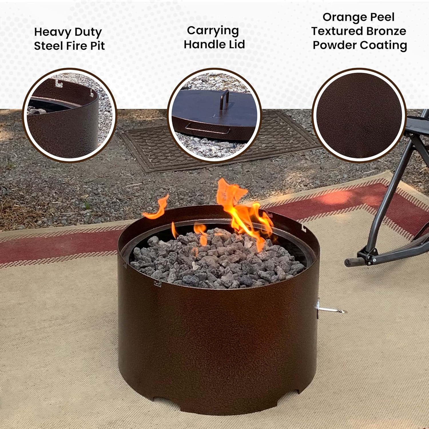 Heavy-Duty Propane (LP) Fire Pit - 20” Solid Steel Firepit with Lid - Portable Fire Pit for Outdoor Recreation - Camping, Fishing, Hunting, Anywhere You Want a Portable fire Feature!