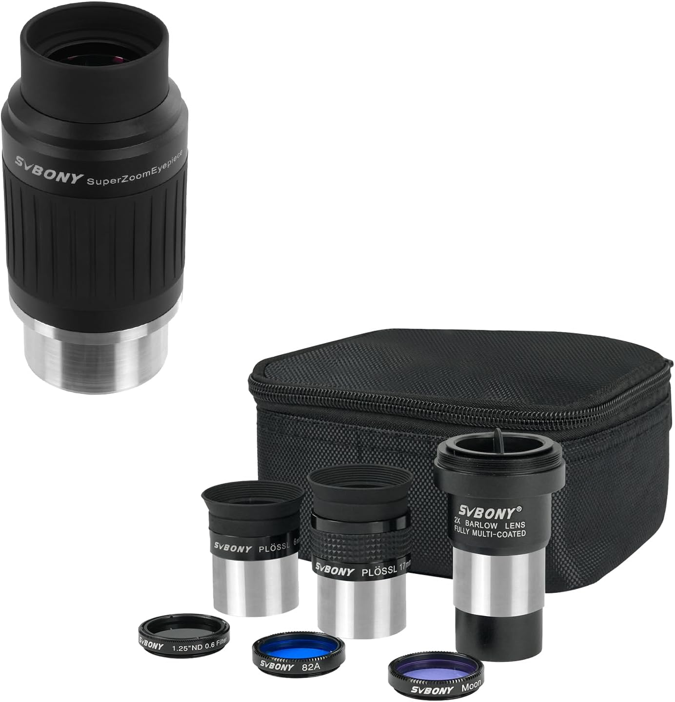 SVBONY SV233 7PCS Telescope Accessory Kit with Plossl Eyepiece, 2X Barlow Lens, Moon/ND4/82A Color Filter and Bag Bundle with SV230 Telescope Eyepiece, 1.25'' Zoom Eyepiece, for Astronomical Visual