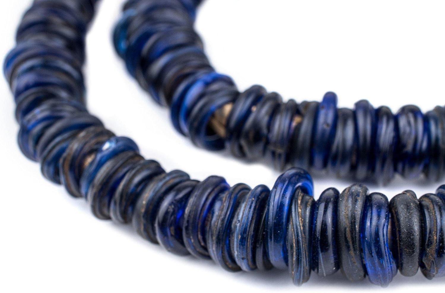 The Bead Chest Old Blue Ethiopian Annular Dogon Beads 15mm African Disk Glass Large Hole 27 Inch Strand Handmade