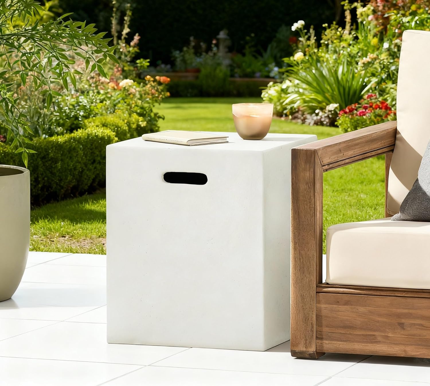 16x20 Inch White Propane Tank Cover with Side Table, Lightweight Concrete Fire Pit Holder for Outdoor Patio, Multi-Functional Gas Cylinder Enclosure for Backyard Garden Deck, Only Table - N090W