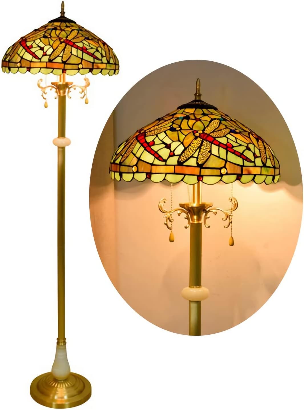 16 Inch Tiffany-Style Floor Lamp, Green Dragonfly Stained Glass Standlamp, Vintage All Copper Base Readlight for Bedroom Office