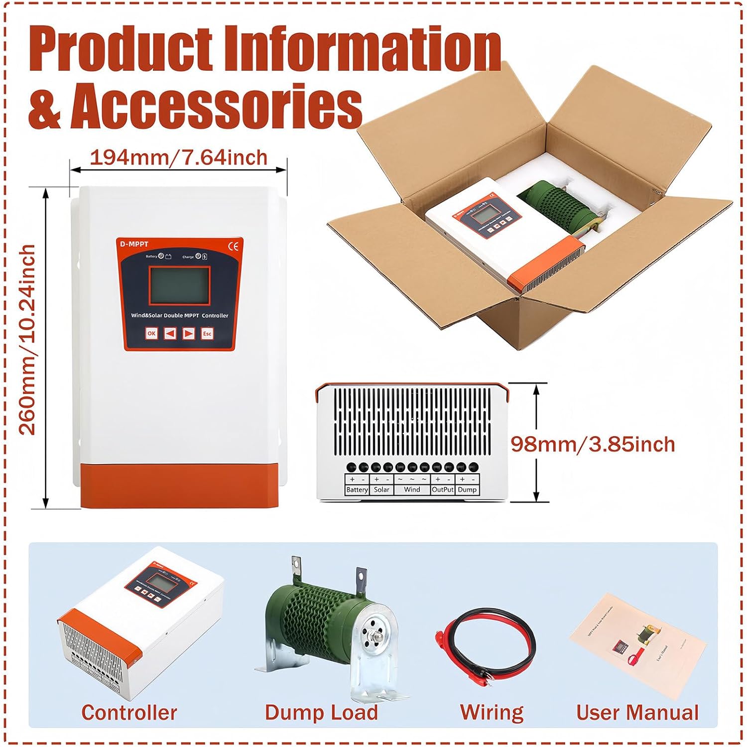 Home Hybrid Charge Controller 6000W Wind 4000W PV Solar, Automatic 12V 24V 48V Hybrid Wind/Solar Controller with Dump Load,24V/48V